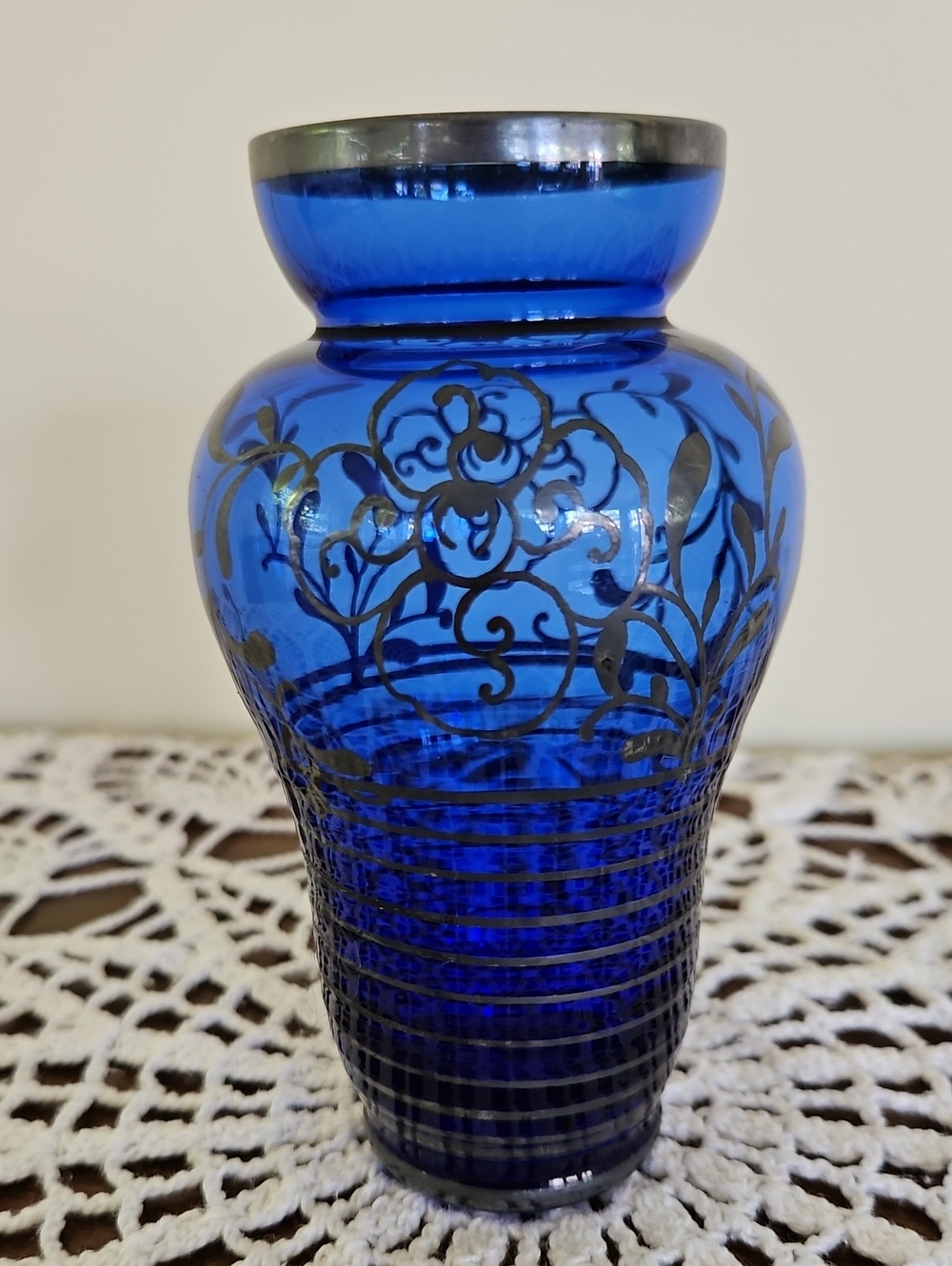 VTG Cobalt Blue Hand Blown Glass Inverted Baluster Vase Silver Overlay
